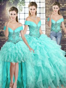 Cheap Aqua Blue Lace Up Ball Gown Prom Dress Beading and Ruffles Sleeveless Brush Train