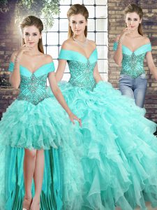 Cheap Aqua Blue Lace Up Ball Gown Prom Dress Beading and Ruffles Sleeveless Brush Train
