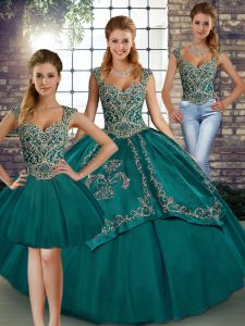 Teal Straps Neckline Beading and Embroidery Quinceanera Dresses Sleeveless Lace Up