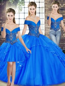 Tulle Off The Shoulder Sleeveless Lace Up Beading and Ruffles Quinceanera Gown in Royal Blue