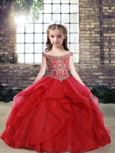 Trendy Red Sleeveless Floor Length Beading and Ruffles Lace Up Little Girls Pageant Dress Wholesale
