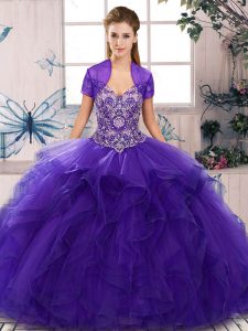 Enchanting Sleeveless Tulle Floor Length Lace Up Quinceanera Dresses in Purple with Beading and Ruffles