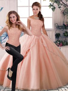 Peach Quinceanera Gowns Tulle Brush Train Sleeveless Beading