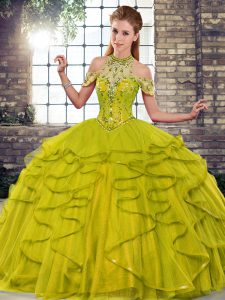 Beading and Ruffles 15 Quinceanera Dress Olive Green Lace Up Sleeveless Floor Length