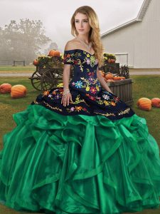 Comfortable Sleeveless Organza Floor Length Lace Up Quinceanera Dresses in Green with Embroidery and Ruffles
