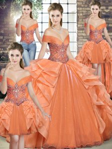 Orange Organza Lace Up Sweet 16 Dresses Sleeveless Floor Length Beading and Ruffles
