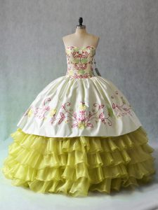 Fabulous Sweetheart Sleeveless Sweet 16 Dress Floor Length Beading and Ruffled Layers Yellow Green Organza