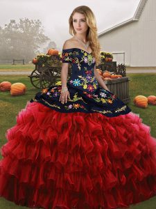 Red And Black Vestidos de Quinceanera Military Ball and Sweet 16 and Quinceanera with Embroidery and Ruffled Layers Off The Shoulder Sleeveless Lace Up