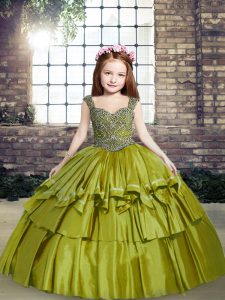 Taffeta Straps Sleeveless Lace Up Beading Girls Pageant Dresses in Olive Green