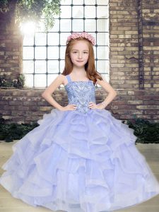 Affordable Tulle Straps Sleeveless Lace Up Beading and Ruffles Pageant Gowns For Girls in Lavender