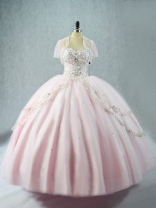 Designer Pink Ball Gowns Beading Sweet 16 Dresses Lace Up Tulle Sleeveless Floor Length