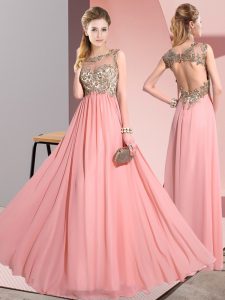 Empire Quinceanera Court of Honor Dress Pink Scoop Chiffon Sleeveless Floor Length Backless