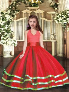Elegant Ruffled Layers Little Girl Pageant Dress Red Lace Up Sleeveless Floor Length