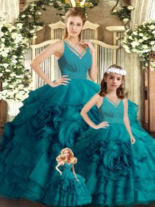 Super Ball Gowns Sleeveless Teal Quinceanera Dress Brush Train Backless