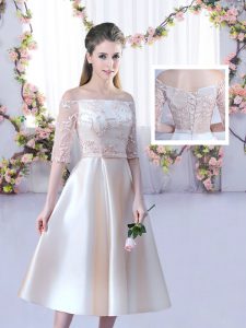 Modest Tea Length Champagne Quinceanera Dama Dress Off The Shoulder Half Sleeves Lace Up