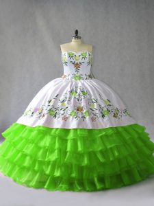 Chic Ball Gowns Embroidery and Ruffled Layers Sweet 16 Dress Lace Up Satin and Organza Sleeveless Floor Length