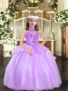 Hot Sale Lavender Halter Top Lace Up Appliques Little Girls Pageant Dress Sleeveless