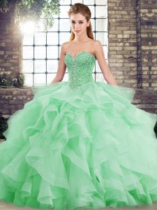 Green Ball Gowns Tulle Sweetheart Sleeveless Beading and Ruffles Lace Up Quinceanera Dresses Brush Train