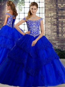 Royal Blue Quinceanera Gowns Off The Shoulder Sleeveless Brush Train Lace Up