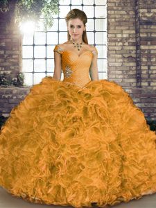Fancy Orange Sweet 16 Dresses Military Ball and Sweet 16 and Quinceanera with Beading and Ruffles Off The Shoulder Sleeveless Lace Up