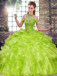 Classical Olive Green Ball Gowns Beading and Ruffles Quinceanera Gowns Lace Up Organza Sleeveless Floor Length