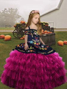 Fuchsia Sleeveless Embroidery and Ruffles Floor Length Child Pageant Dress