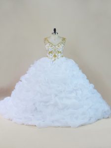 New Style White Ball Gowns Organza V-neck Sleeveless Beading and Pick Ups Lace Up Quinceanera Dress Brush Train