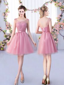 Mini Length Pink Court Dresses for Sweet 16 Tulle Sleeveless Appliques and Belt