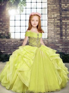 Customized Yellow Green Lace Up Straps Beading and Ruffles Girls Pageant Dresses Organza Sleeveless