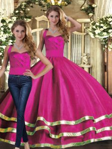 Fuchsia Tulle Lace Up Halter Top Sleeveless Floor Length Quinceanera Gowns Ruffled Layers