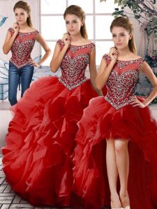 Artistic Red Three Pieces Beading and Ruffles Quinceanera Gown Zipper Organza Sleeveless Floor Length
