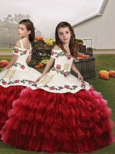 Red Organza Lace Up Straps Sleeveless Floor Length Little Girl Pageant Dress Embroidery and Ruffled Layers