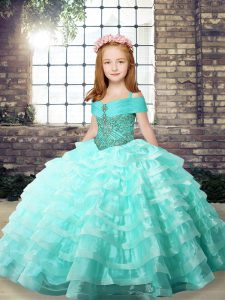 Apple Green Little Girl Pageant Gowns Straps Sleeveless Brush Train Lace Up
