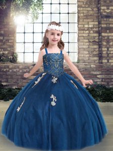 Glorious Sleeveless Tulle Floor Length Lace Up Glitz Pageant Dress in Blue with Appliques