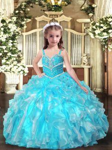 Aqua Blue Organza Lace Up Pageant Dress for Teens Sleeveless Floor Length Beading and Ruffles