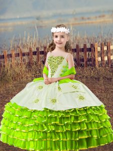 Cute Yellow Green Organza Lace Up Straps Sleeveless Floor Length Child Pageant Dress Beading and Embroidery and Ruffled Layers