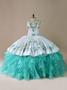 Suitable Floor Length Lace Up 15th Birthday Dress Blue And White for Sweet 16 and Quinceanera with Embroidery and Ruffles