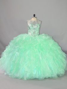 Customized Sleeveless Floor Length Beading and Ruffles Lace Up Sweet 16 Dresses with Apple Green