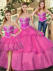 Enchanting Sleeveless Tulle Floor Length Lace Up Ball Gown Prom Dress in Lilac with Beading and Ruffled Layers