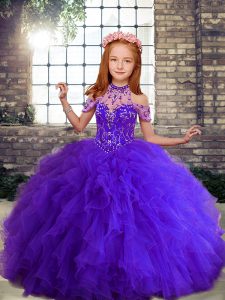 Purple Lace Up High-neck Beading and Ruffles Little Girl Pageant Gowns Tulle Sleeveless