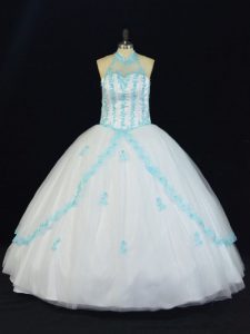 Clearance Blue And White Sleeveless Appliques Floor Length 15th Birthday Dress