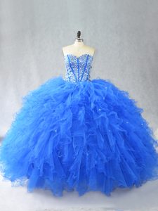 Chic Sleeveless Floor Length Beading and Ruffles Lace Up Ball Gown Prom Dress with Blue