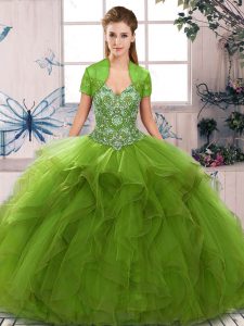 Chic Off The Shoulder Sleeveless Quinceanera Dresses Floor Length Beading and Ruffles Olive Green Tulle