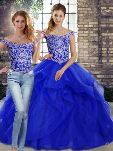 Royal Blue Sleeveless Beading and Ruffles Lace Up Quinceanera Gowns