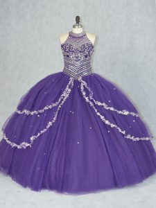 Purple Sleeveless Beading Floor Length Ball Gown Prom Dress