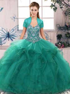 Simple Floor Length Turquoise Quince Ball Gowns Tulle Sleeveless Beading and Ruffles