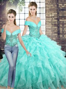 Off The Shoulder Sleeveless Brush Train Lace Up Sweet 16 Quinceanera Dress Aqua Blue Organza