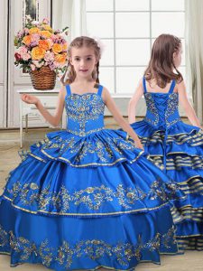 New Style Royal Blue Ball Gowns Satin Straps Sleeveless Embroidery and Ruffled Layers Floor Length Lace Up Kids Pageant Dress