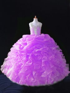 Cheap Sleeveless Floor Length Beading and Ruffles and Pick Ups Zipper Pageant Dress for Girls with Lilac