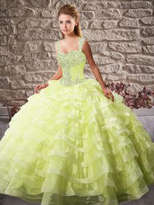 Organza Straps Sleeveless Court Train Lace Up Beading and Ruffled Layers Quinceanera Dress in Yellow Green
